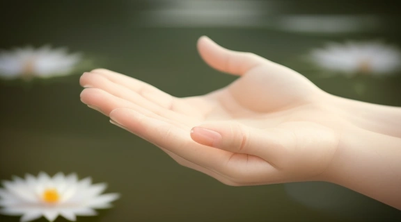 Древняя рука, держащая медитационный камень, символизирующая мудрость и спокойствие, отражающие заповеди будды.