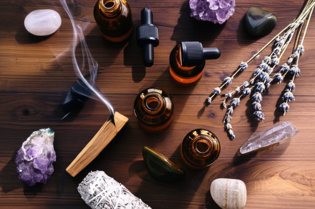 Натуральные эфирные масла, травы и кристаллы, создающие защитные ароматы для здоровья и благополучия.