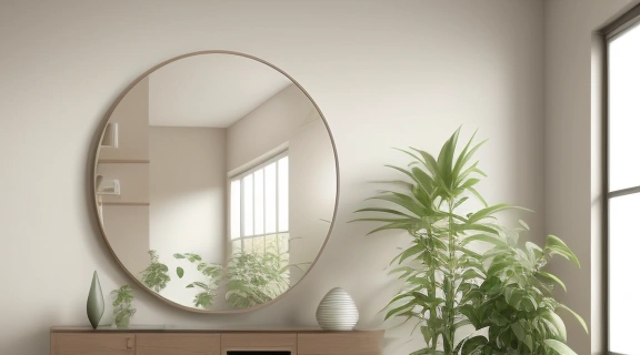 Большое овальное зеркало фэн-шуй в светлой комнате, отражающее комнатное растение и мягкий свет, создавая гармоничную атмосферу.