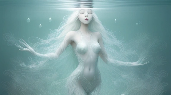 Иллюстрация, изображающая женские духи русалка белая дева в виде мистической девы с белыми волосами, окруженной водными лилиями в мерцающем подводном мире.