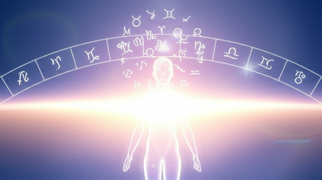 Иллюстрация, символизирующая значение асцендента в натальной карте как восходящего знака на восточном горизонте, влияющего на первое впечатление и личность человека.