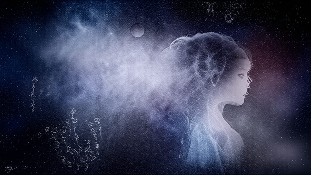 Мистическое изображение, символизирующее глубокое значение Черной Луны в натальной карте, отражающее её теневые аспекты и кармические уроки в космическом пространстве.
