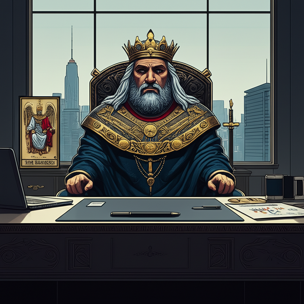 Изображение символизирует значение карты Император в Таро на бизнес, демонстрируя величественного лидера за современным рабочим столом, окруженного атрибутами власти и порядка, с картой Императора, подчеркивающей стратегическое мышление и прочное управление.