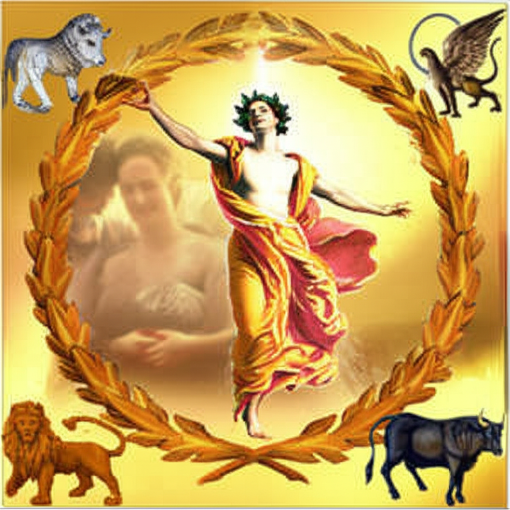 Изображение, символизирующее полное и гармоничное значение карты Мир в Таро в любви, с фигурой, танцующей в венке, и влюбленной парой на заднем плане.