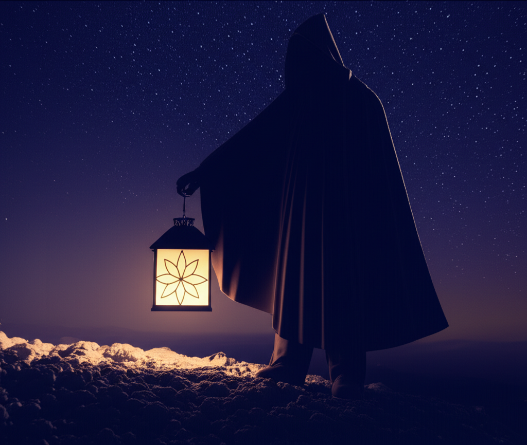 Мудрый старец Отшельник на вершине горы, держащий светящийся фонарь, символизирующий значение карты Отшельник в Таро на одиночество и поиск внутренней мудрости.