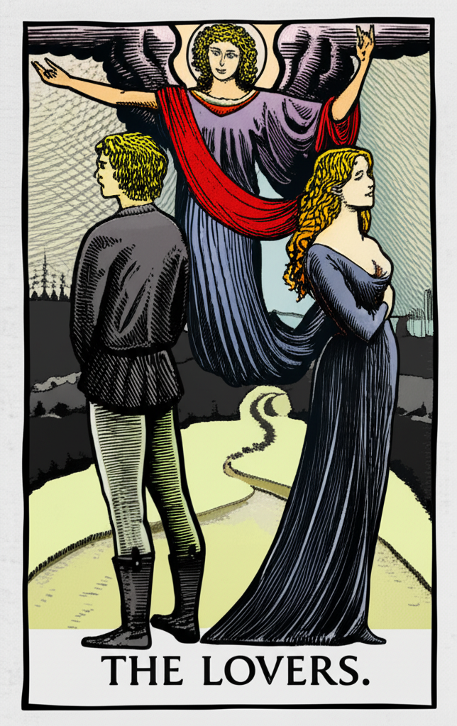 Иллюстрация карты Таро Влюбленные в перевернутом положении, показывающая внутренний конфликт и значение карты влюбленные в таро перевернутая, с фигурами, отвернувшимися друг от друга под серым небом.