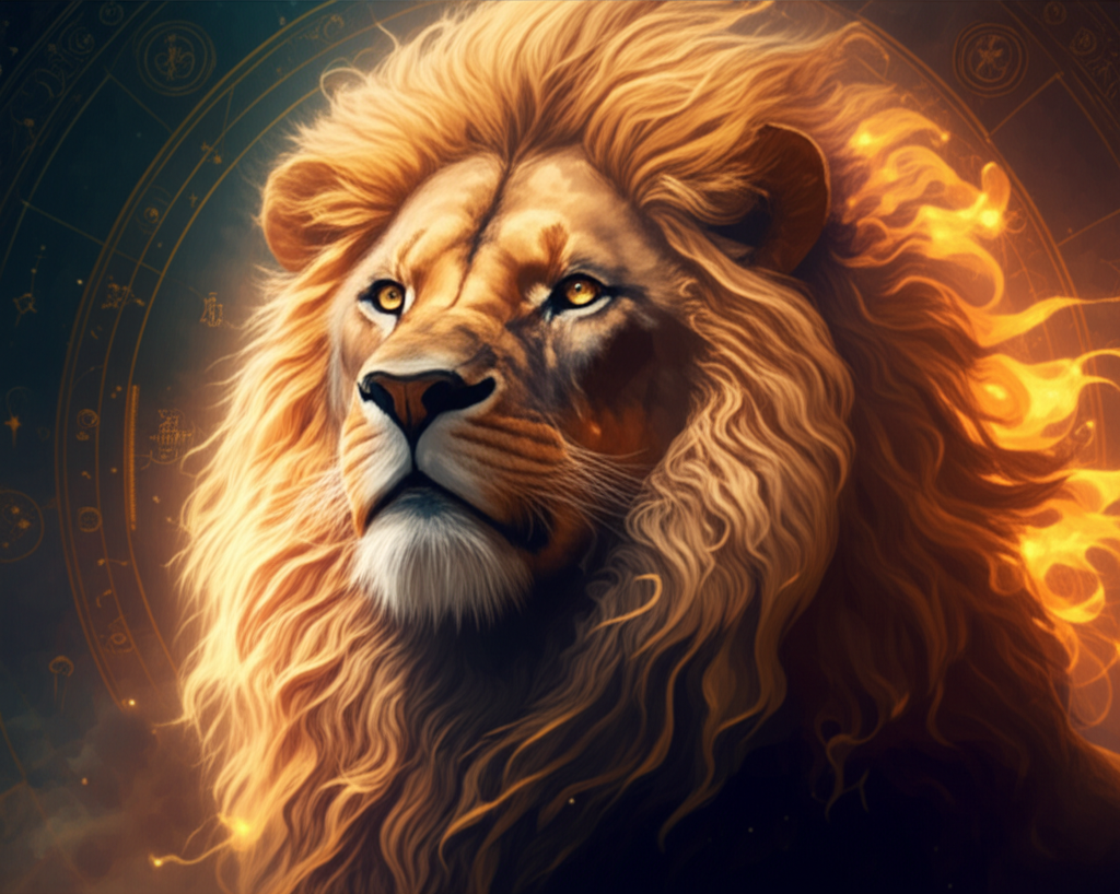 Величественный лев, символизирующий значение солнца в натальной карте в льве, сияет на фоне абстрактной астрологической карты с золотистым светом.