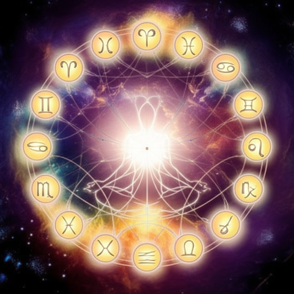 Иллюстрация, символизирующая связь между знаком зодиака и кармическим долгом, с элементами космоса и судьбы