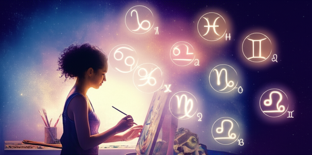 Иллюстрация, демонстрирующая гармоничную связь между знаком зодиака и творчеством, с символами зодиака вокруг художника, занимающегося живописью.