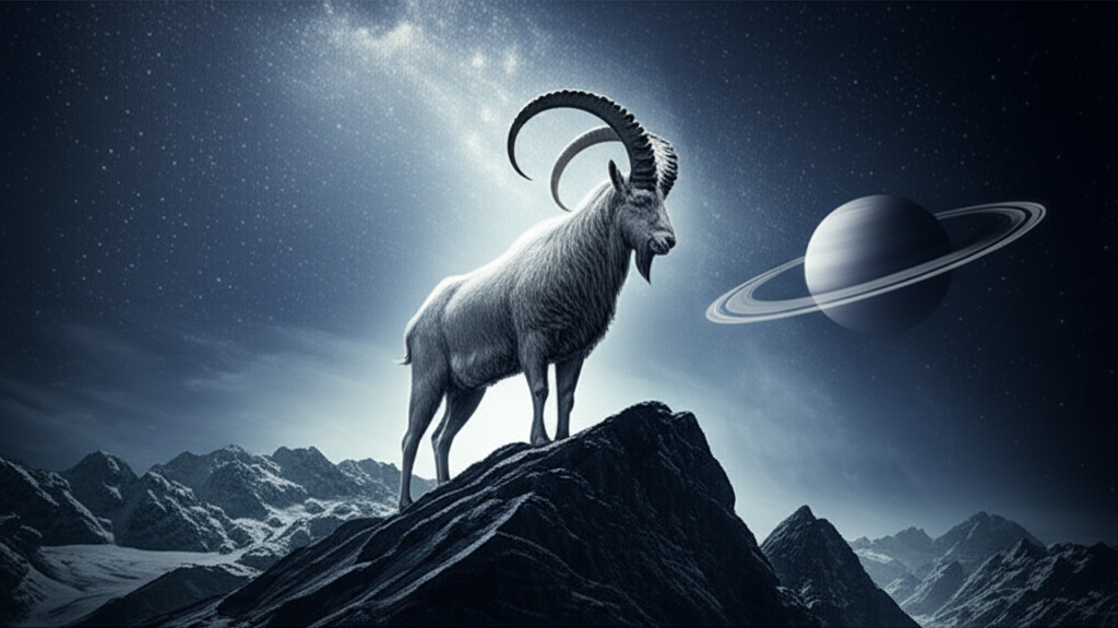 Астрологический символ знак зодиака козерог в виде горного козла на вершине скалы.