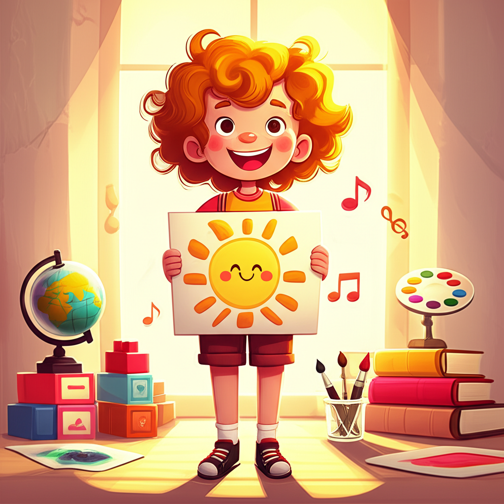 Яркая иллюстрация счастливого ребенка-Льва в солнечном классе, демонстрирующая ключевые аспекты 'знак зодиака лев ребенок образование поведение'.