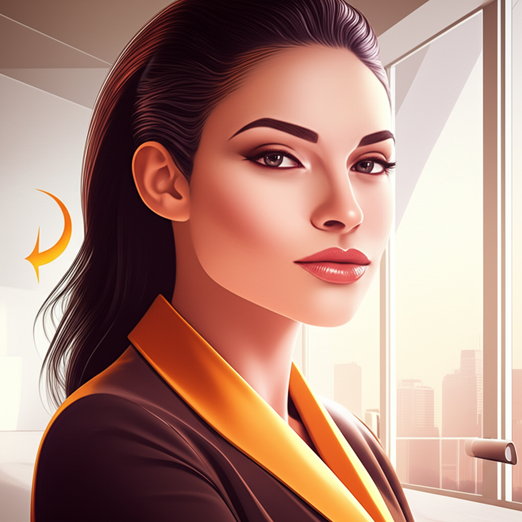 Динамичный портрет женщины-лидера, символизирующий знак зодиака Овен женщина в карьере, в современном офисном окружении.