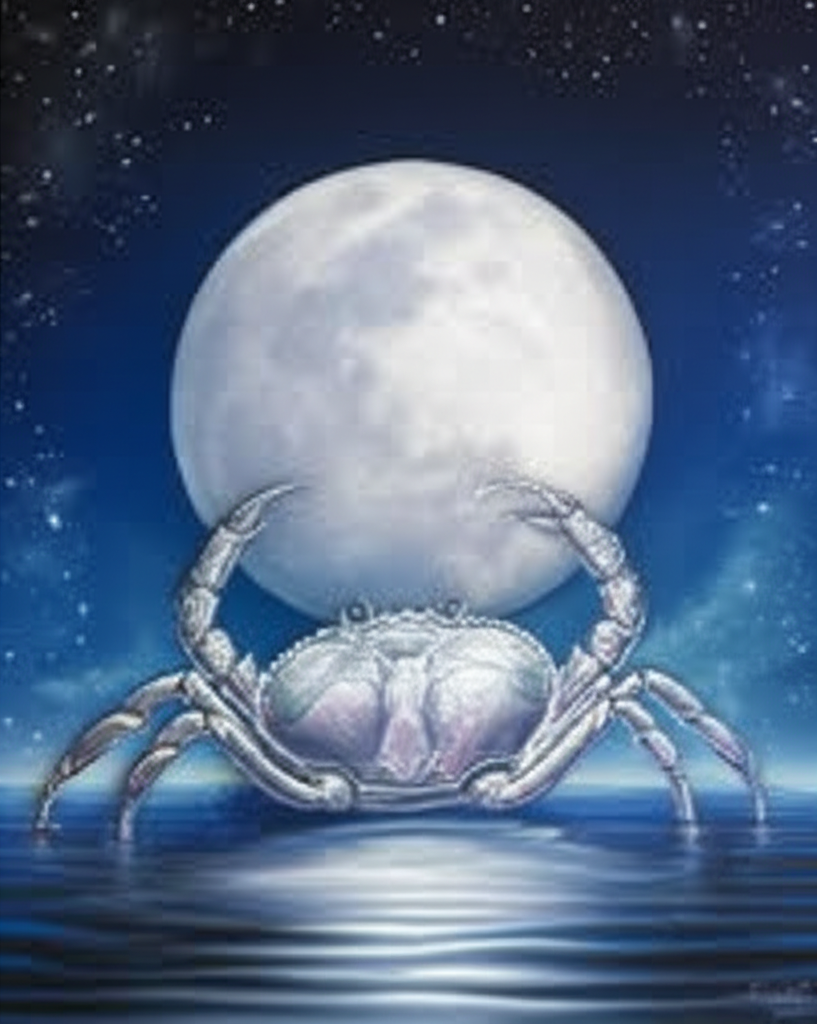 Символическое изображение, представляющее знак зодиака Рак в виде краба под светом луны.