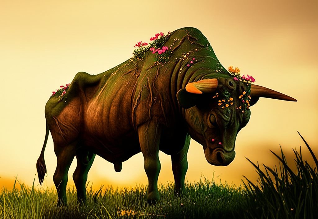 Знак Зодиака Телец, представленный в виде могучего и спокойного быка на фоне природы