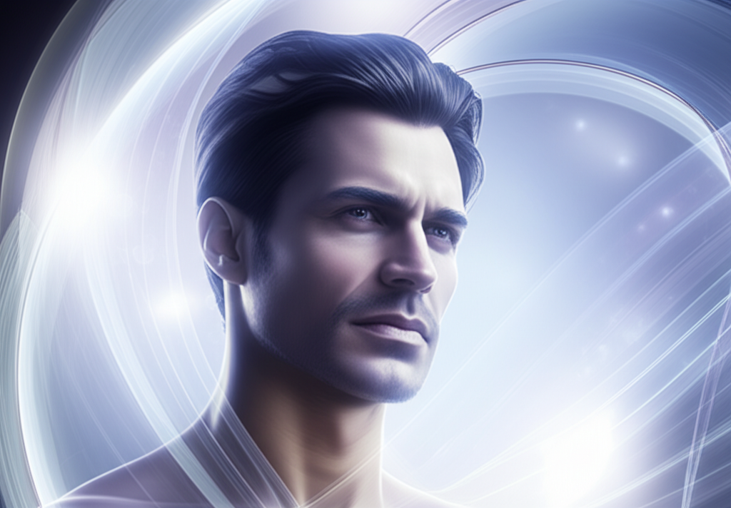 Мужчина-Водолей в окружении футуристических элементов, символизирующих его интеллект и свободу, представляющий знак зодиака водолей мужчина любовь верность