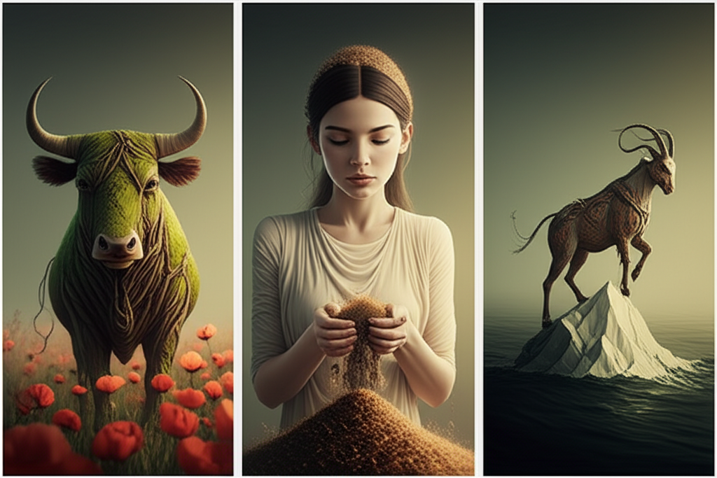 Символическое изображение Тельца, Девы и Козерога, которые представляют знаки земли по гороскопу.