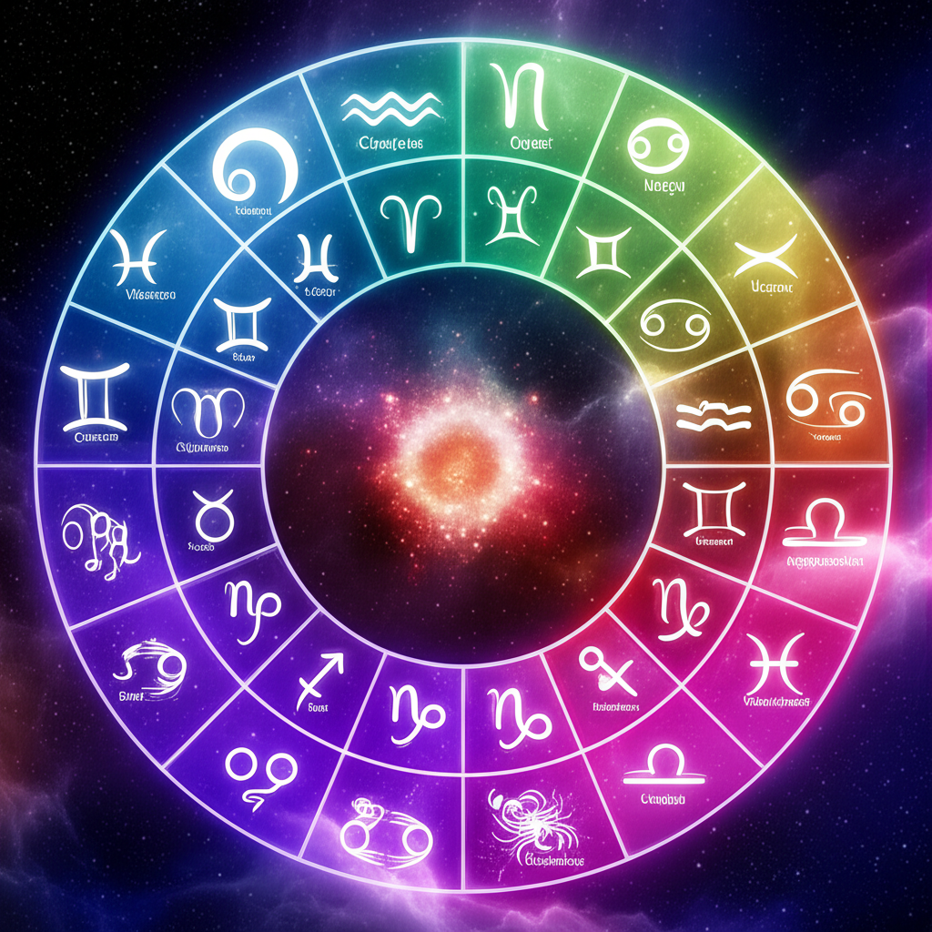 Изображение, демонстрирующее палитру, где каждый сегмент представляет собой знак зодиака и цвета, ассоциирующиеся с ним, на фоне звездного неба.
