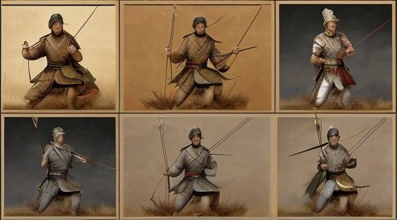 Монтаж, изображающий знаменитые стрельцы из разных эпох: средневековый лучник, мифический китайский стрелок, османский лучник, мастер кюдо и современный снайпер, демонстрирующие искусство меткого выстрела.