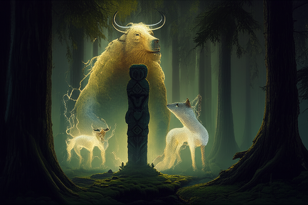 Священный лес, где проявляются звериные божества славянский пантеон в виде духовных силуэтов животных.